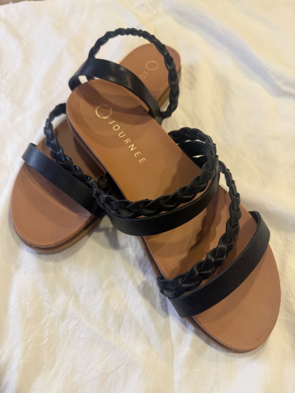 Journee Collection Black Braided-Strap Flat Sandals with Tan Footbed